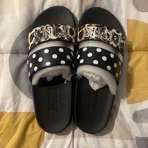 Pink slides with leopard print and polka dots